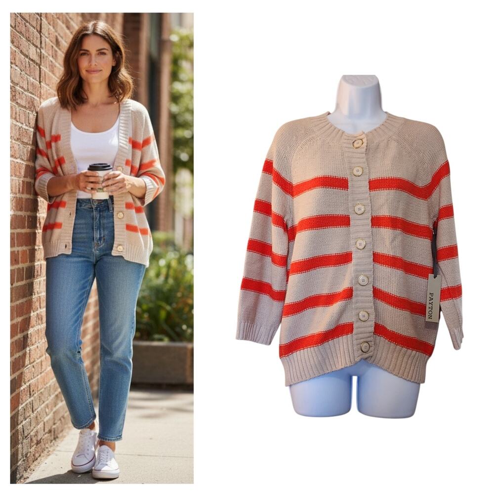Payton Womens Austin Crew Neck Cardigan Sweater Size XL Beige Pink 3/4 Sleeve